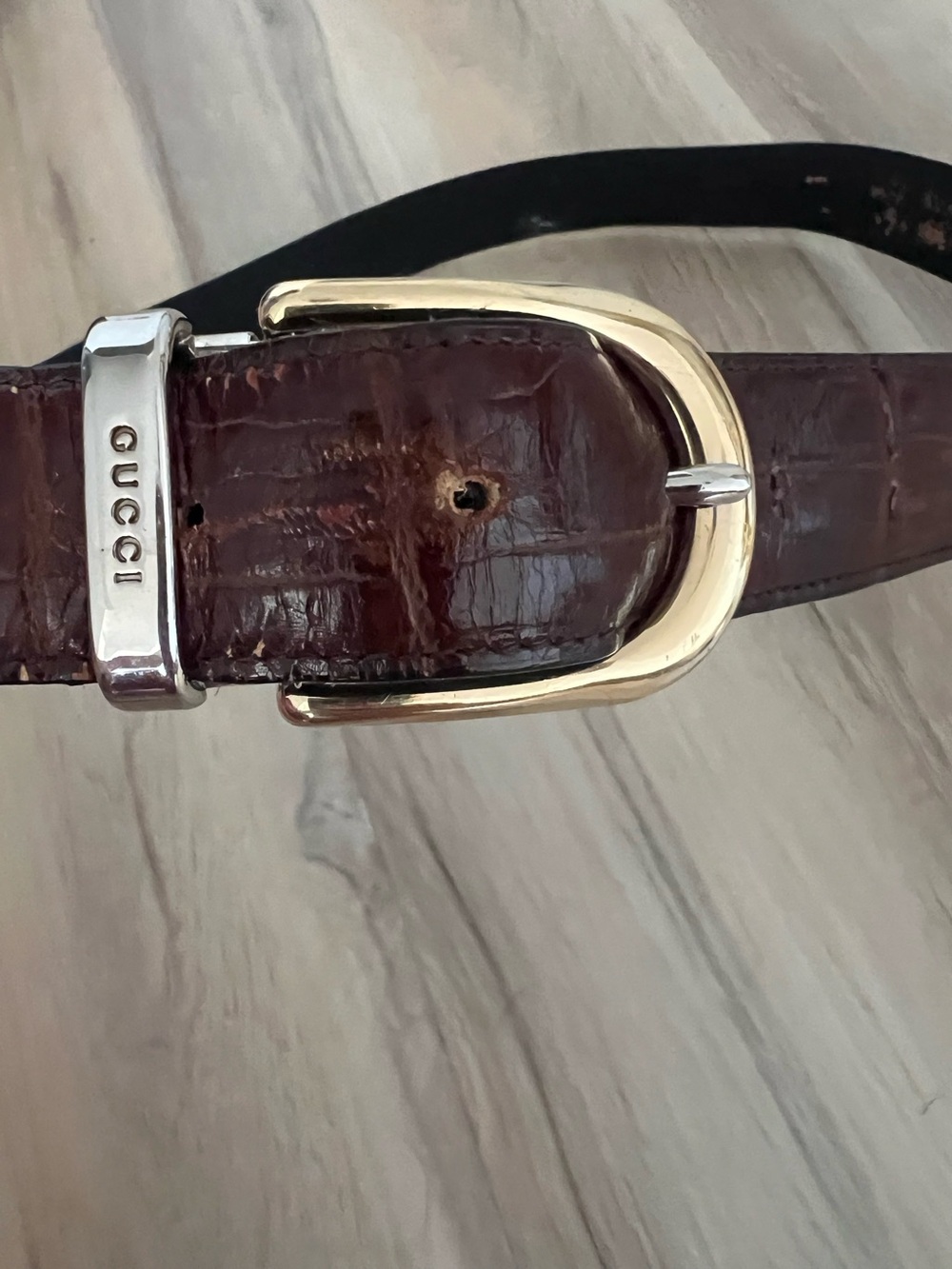 Vintage Gucci Brown Leather Croco Belt Gold and Silver Buckle Accents